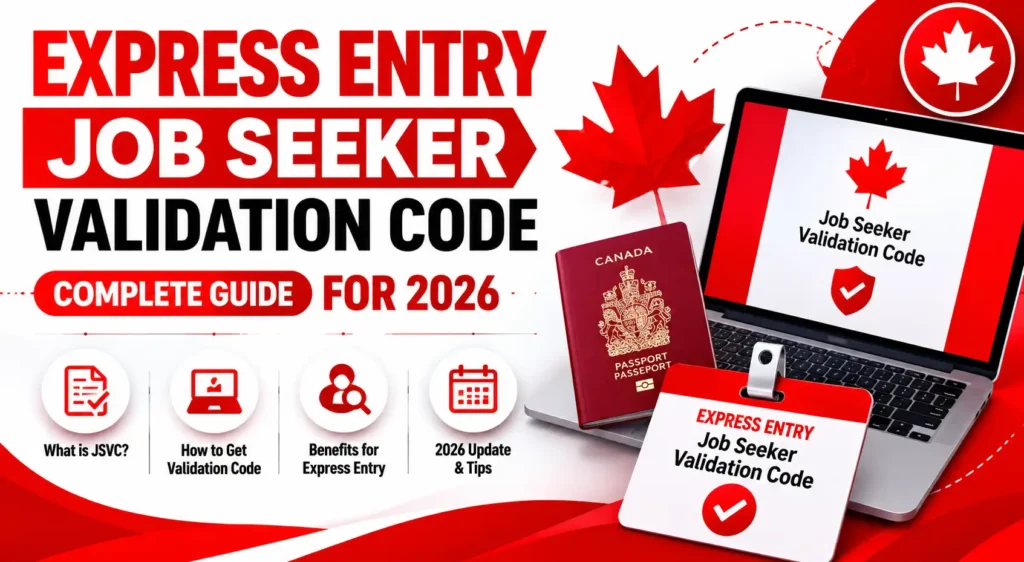 Express Entry Job Seeker Validation Code infographic thumbnail with modern red and white design, Canada Express Entry validation code guide 2026, JSV code explanation, Canadian immigration process, passport and laptop illustration, Canada immigration news graphic.
