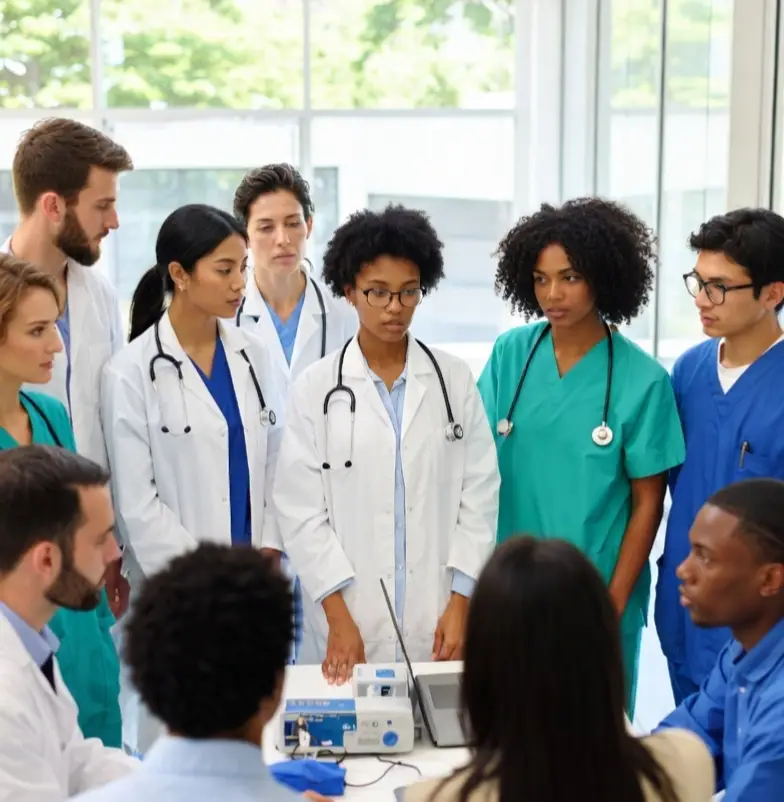Healthcare and Social Services Occupations Multicultural team of healthcare professionals and doctors collaborating in a modern Canadian hospital setting, highlighting healthcare occupations under 2026 Express Entry immigration categories