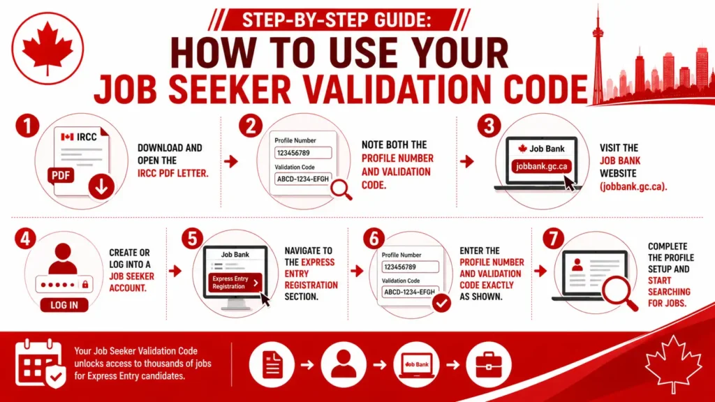 Step-by-Step Guide infographic for using Job Seeker Validation Code with red and white Canada immigration theme, Express Entry Job Bank registration process, IRCC PDF letter, profile number and validation code entry, Job Bank account setup, Canada job search infographic.