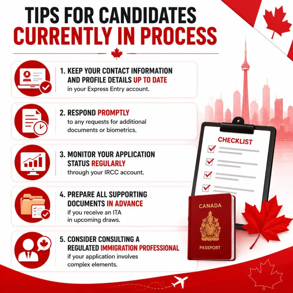 Tips for Candidates Currently in Process Tips for Candidates Currently in Process infographic with red and white Canada immigration theme, Express Entry application tips, IRCC account updates, biometrics requests, document preparation, ITA checklist, immigration consultant guidance, Canada PR process infographic.